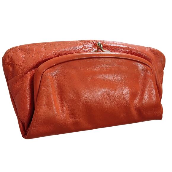 1950s Ingber Orange Genuine Leather Fold Over Clutch Handbag Gold Kiss Closure - Picture 4 of 8